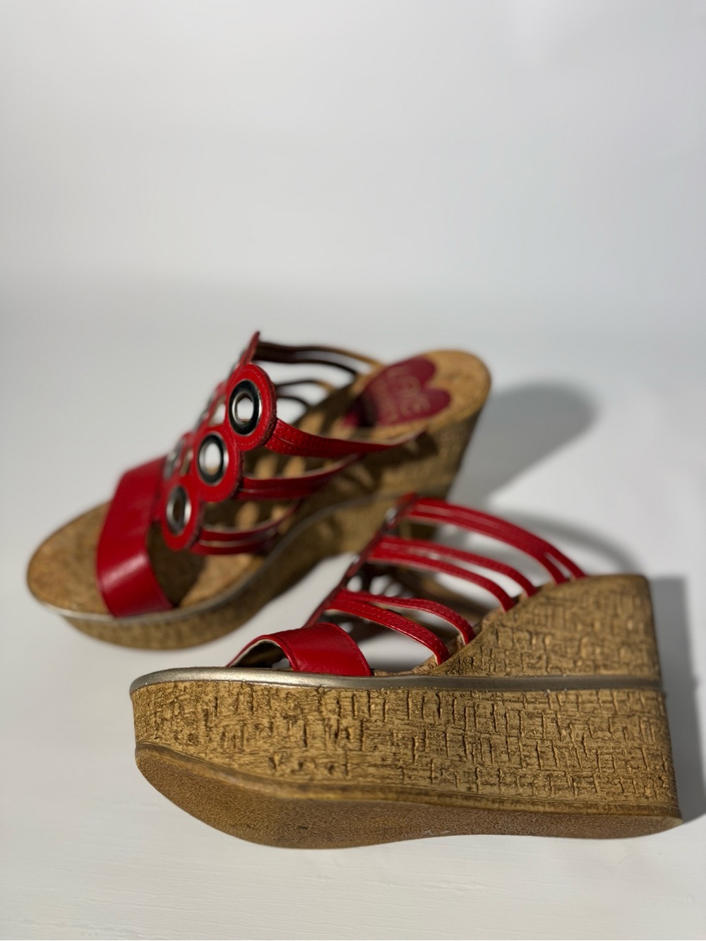 Love & Liberty Red Cork Wedge Sandals with Decorative Grommet Straps